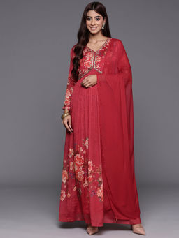 Varanga - Women's Red Floral Anarkali Kurta with Dupatta (Set of 2)
