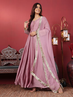 Varanga - Women's Mauve Floral Anarkali Kurta with Dupatta (Set of 2)