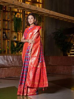 Beatitude - Red Gold-Toned Ethnic Motifs Silk Blend Saree with Unstitched Blouse