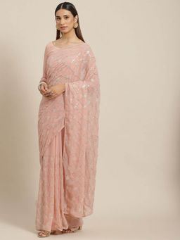 Odette - Peach Georgette Embroidered Saree with Unstitched Blouse