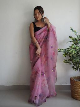 Odette - Purple Printed Organza Saree with Unstitched Blouse