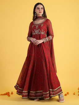 WISHFUL by W - Red Chiffon Round Neck Anarkali and Dupatta (Set of 2)