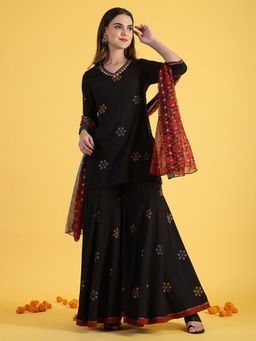 W - Black Viscose Blend V-Neck Kurta with Sharara and Dupatta (Set of 3)