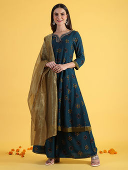 W - Blue Viscose Blend V-Neck Kurta with Palazzo and Dupatta (Set of 3)