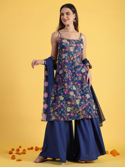 W - Blue Polyester Round Neck Kurta with Sharara and Dupatta (Set of 3)