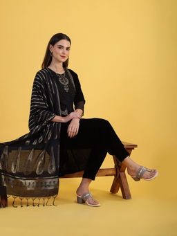 WISHFUL by W - Black Viscose Round Neck Kurta with Pant and Dupatta (Set of 3)