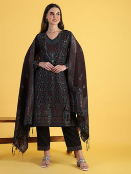 W - Black Polyester V-Neck Kurta with Pant and Dupatta (Set of 3)