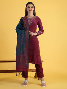 W - Maroon Polyester Round Neck Kurta with Pant and Dupatta (Set of 3)