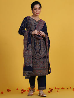 W - Blue Polyester Round Neck Kurta with Pant and Dupatta (Set of 3)