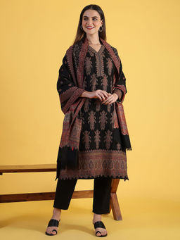 W - Black Polyester V-Neck Kurta with Pant and Dupatta (Set of 3)