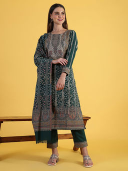 W - Green Polyester Round Neck Kurta with Pant and Dupatta (Set of 3)