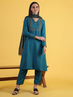 W - Blue Polyester V-Neck Kurta with Pant and Shawl (Set of 3)