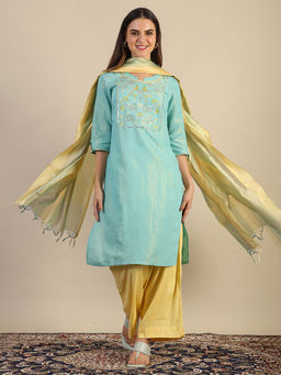 Aurelia - Blue Viscose Blend Round Neck Kurta with Pant and Dupatta (Set of 3)