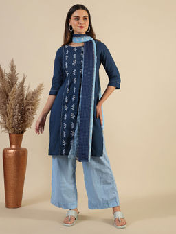 Aurelia - Blue Pure Cotton Round Neck Kurta with Pant and Dupatta (Set of 3)