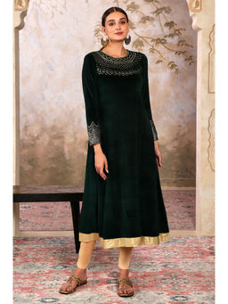 Aurelia - Green Cotton Blend Boat Neck Anarkali with Pant (Set of 2)