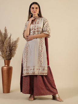 Aurelia - Grey Polyester Mandarin Neck Kurta with Sharara and Dupatta (Set of 3)