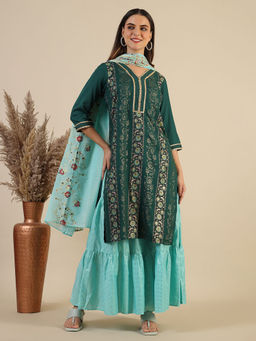 Aurelia - Green Viscose V-Neck Kurta with Sharara and Dupatta (Set of 3)
