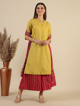 Aurelia - Yellow Polyester Mandarin Neck Kurta with Culotte Palazzo and Dupatta (Set of 3)