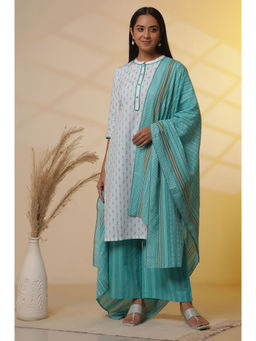 Aurelia - Blue Pure Cotton Mandarin Neck Kurta with Palazzo and Dupatta (Set of 3)