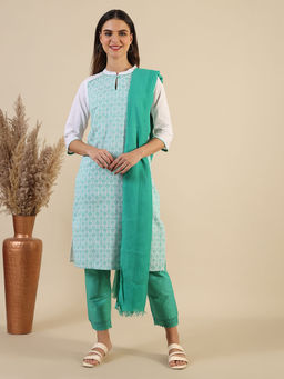 Aurelia - Green Pure Cotton Keyhole Neck Kurta with Trouser and Dupatta (Set of 3)