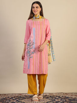 Aurelia - Pink Viscose Square Neck Kurta with Trouser and Dupatta (Set of 3)