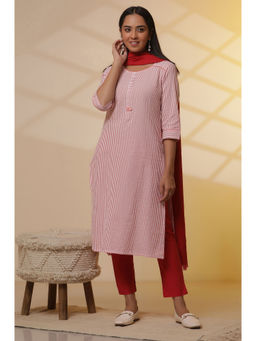 Aurelia - Peach Pure Cotton Round Neck Kurta with Trouser and Dupatta (Set of 3)