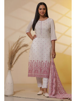 Aurelia - White Pure Cotton Round Neck Kurta with Trouser and Dupatta (Set of 3)