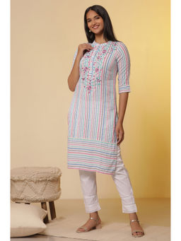 Aurelia - White Cotton Blend Mandarin Neck Kurta with Trouser (Set of 2)