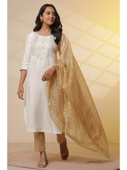 Aurelia - Cream Viscose Blend Round Neck Kurta with Trouser and Dupatta (Set of 3)