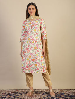 Aurelia - White Viscose Mandarin Neck Kurta with Trouser and Dupatta (Set of 3)