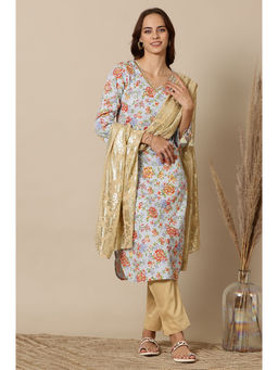 Aurelia - Blue Viscose V-Neck Kurta with Trouser and Dupatta (Set of 3)