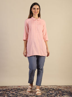 Aurelia - Peach Viscose Collar Neck with Kurti with Trouser (Set of 2)