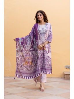 Autumnlane - Purple Muslin Round Neck Kurta with Salwar Pant and Dupatta (Set of 3)