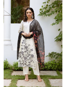 Autumnlane - White Muslin Round Neck Kurta with Salwar Pant and Dupatta (Set of 3)