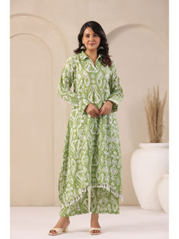 Autumnlane - Green Cotton Collar Neck Kurta with Pant (Set of 2)
