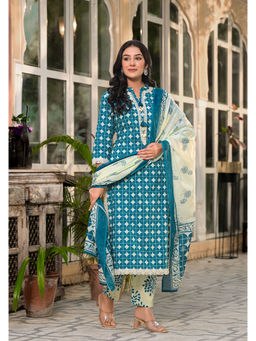 Autumnlane - Blue Cotton Round Neck Kurta with Salwar Pant and Dupatta (Set of 3)