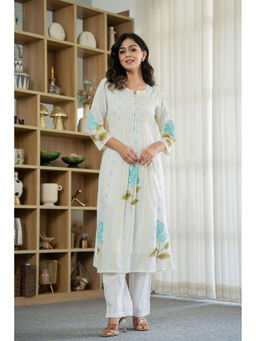 Autumnlane - White Cotton Round Neck Kurta with Pant (Set of 2)