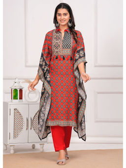 Autumnlane - Red Muslin Round Neck with Kaftan with Pant (Set of 2)