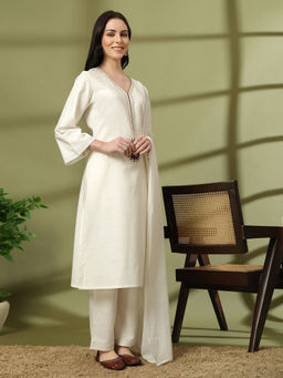 Nayam by lakshita - White Linen V-Neck Kurta with Pant and Dupatta (Set of 3)