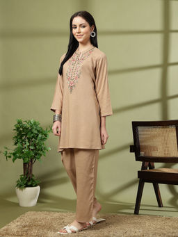 Nayam by lakshita - Khaki Viscose Rayon Mandarin Neck Kurta with Pant (Set of 2)
