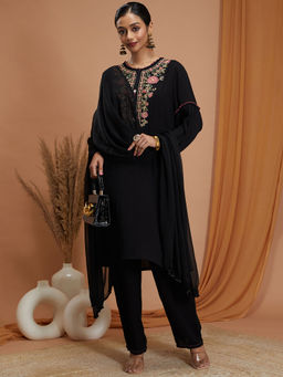 Nayam by lakshita - Black Viscose Rayon Round Neck Kurta with Pant and Dupatta (Set of 3)
