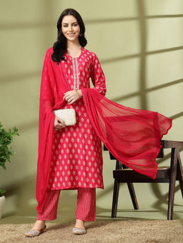 Nayam by lakshita - Pink Modal Mandarin Neck Kurta with Pant and Dupatta (Set of 3)