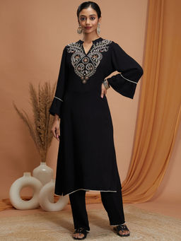 Nayam by lakshita - Black Viscose Rayon Mandarin Neck Kurta with Pant (Set of 2)