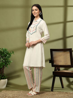 Nayam by lakshita - Ivory Viscose Rayon Collar Neck Kurta with Pant (Set of 2)