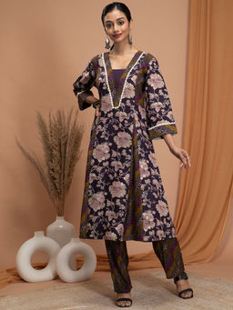 Nayam by lakshita - Purple Chanderi V-Neck Kurta with Pant (Set of 2)