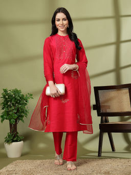 Nayam by lakshita - Pink Poly Silk Mandarin Neck Kurta with Pant and Dupatta (Set of 3)