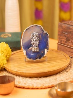 Homearte - Agate Ganesha Showpiece Silver Platting Edges With Metal Stand - Blue
