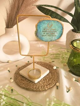 Homearte - Agate Guruji Mantra Rectangular Shape Metal Showpiece- Turquoise