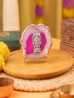 Homearte - Agate Ganesha Showpiece Silver Platting Edges With Metal Stand - Pink