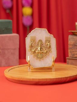 Homearte - Agate Laxmi Showpiece Gold Platting Edges With Metal Stand - Natural